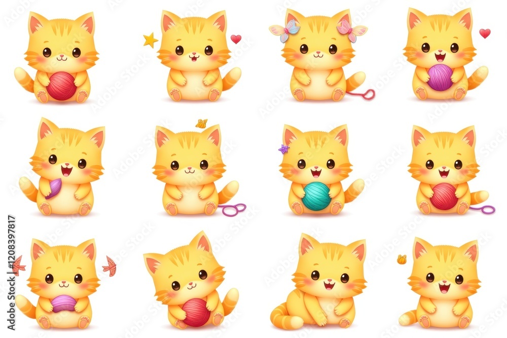 Set of playful yellow kitten emoticons with butterfly-shaped ears, holding fish toys and yarn balls, cute chibi style, joyful, sticker sheet concept. Set of playful yellow kitten emoticons with butterfly-shaped ears, holding fish toys and yarn balls, cute chibi style, joyful, sticker sheet concept.