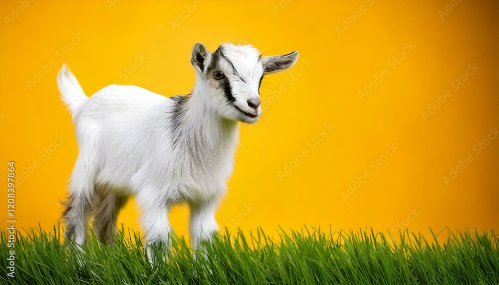 Obraz premium lamb standing on grass, yellow background, copy space