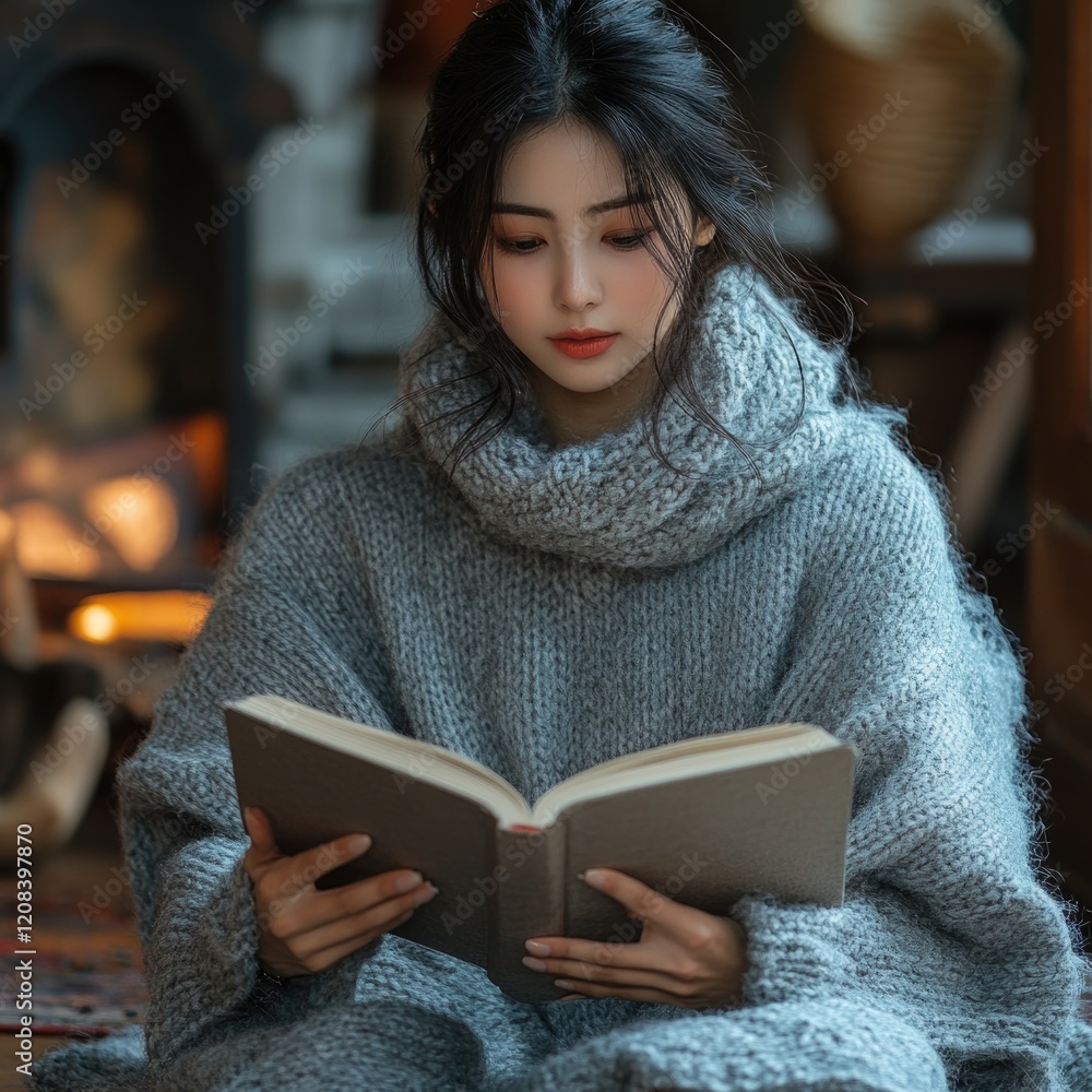 Woman sitting on the floor reading a book, indoor scene Woman sitting on the floor reading a book, indoor scene