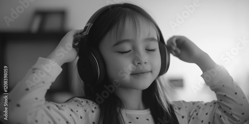 A young girl is enjoying her favorite tunes with her headphones on photo