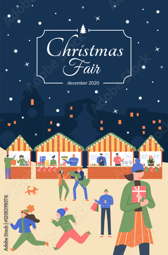 People walking, buying gifts and enjoying christmas fair during winter holidays, vendors selling street food and christmas decorations, snowy night, december 2020