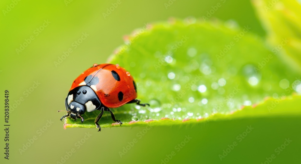 Ladybug on dewy green leaf in close-up Ladybug on dewy green leaf in close-up