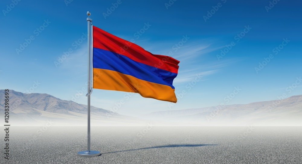 Naklejka premium Blue, red, and orange flag waving in desert wind