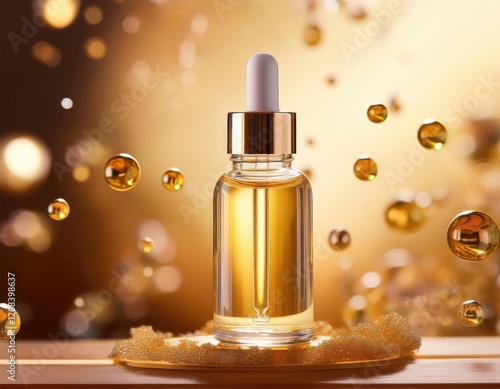 Luxurious face serum bottle with golden droplets in soft light photo