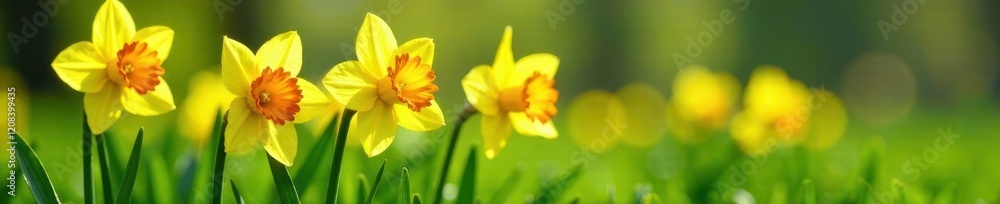 Obraz premium Vibrant daffodils standing tall among lush grass, yellow, green, flowers