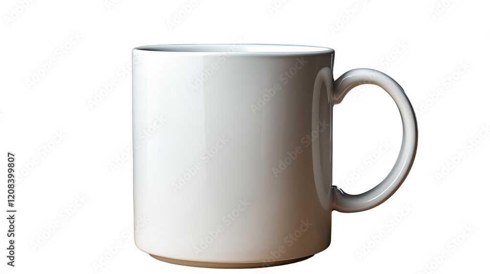 Plain white ceramic mug with a smooth finish, ideal for hot beverages or cozy lifestyle imagery, studio view, isolated on transparent background. Plain white ceramic mug with a smooth finish, ideal for hot beverages or cozy lifestyle imagery, studio view, isolated on transparent background.