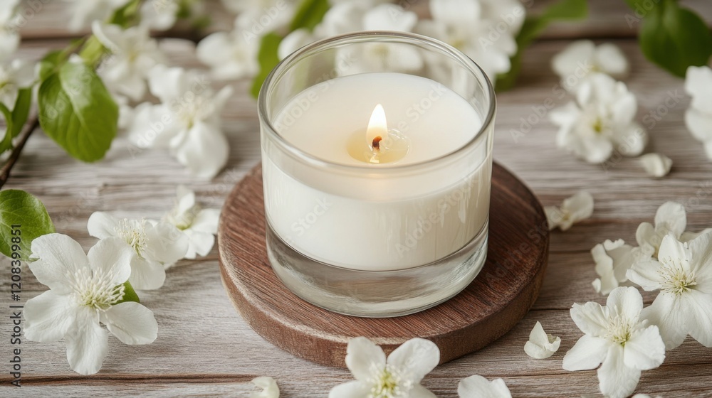 Scented candle on a wooden surface surrounded by white flowers; soft, calming ambiance. Scented candle on a wooden surface surrounded by white flowers; soft, calming ambiance.