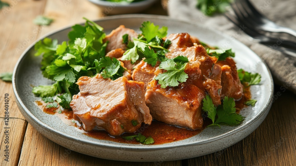 A plate of freshly steamed paired with tender, glistening braised pork leg, garnished with fresh coriander and served on a rustic wooden table. A plate of freshly steamed paired with tender, glistening braised pork leg, garnished with fresh coriander and served on a rustic wooden table.