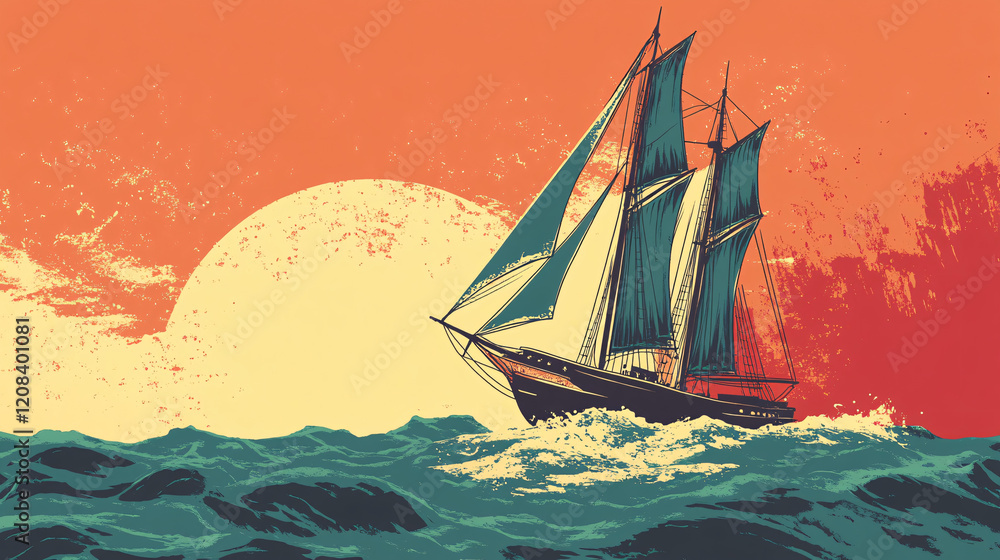 Naklejka premium A vibrant vintage-style illustration of a sailing ship on turbulent waves with a large yellow sun and orange sky in the background 