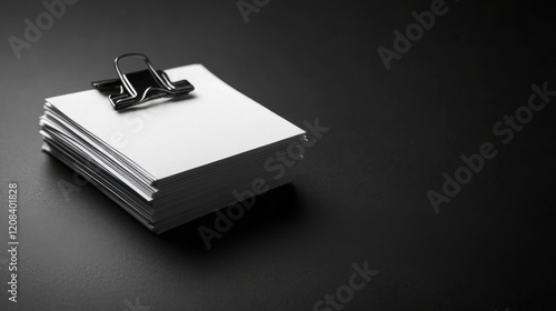 Wallpaper Mural A black binder clip holding a stack of white papers, placed on a sleek black surface with minimalistic lighting highlighting its sharp edges. Torontodigital.ca