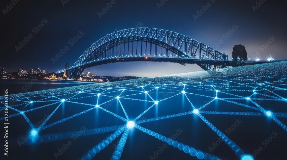 Obraz premium Sydney Harbour Bridge Integrated in a Digital Network, Concept of Smart City Infrastructure