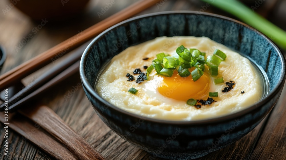 A close-up of a steaming bowl of silky smooth steamed egg garnished with spring onions and soy sauce, served on a wooden table with chopsticks. A close-up of a steaming bowl of silky smooth steamed egg garnished with spring onions and soy sauce, served on a wooden table with chopsticks.