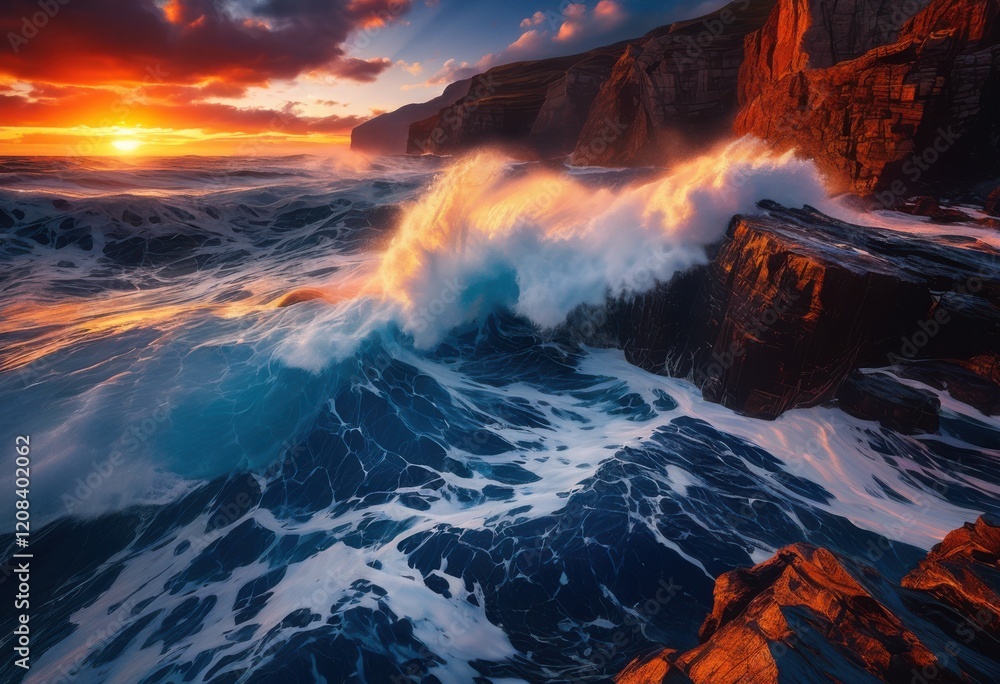 Fototapeta premium striking visuals dynamic waves captured vibrant colors depicting majesty fluid motion, ocean, water, sea, surf, ripple, texture, light, horizon, spray