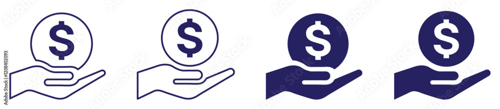 Save money icons set. Simple hand with a coin. Money savings and finance vector linear icons set. Isolated icon collection such as money, dollar, currency, coins, hand, credit card, finance and more. Save money icons set. Simple hand with a coin. Money savings and finance vector linear icons set. Isolated icon collection such as money, dollar, currency, coins, hand, credit card, finance and more.