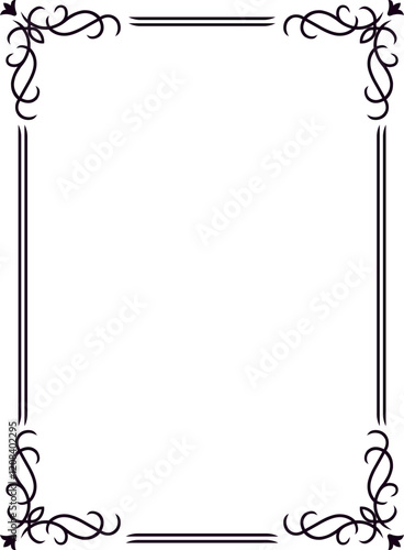 Elegant black rectangular border with decorative swirls in the corners framing an empty white space, ideal for certificates, invitations or announcements