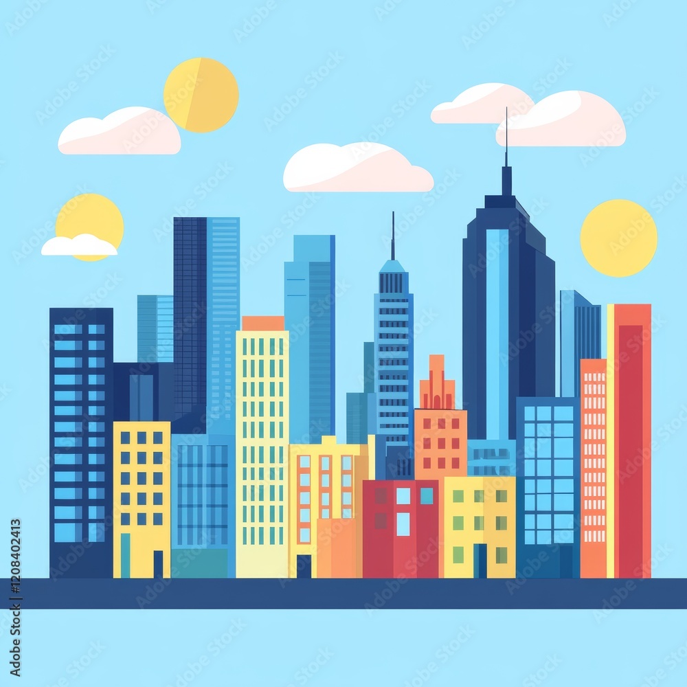 Illustration in Flat Style, City, Simple Lines and Shapes, Blue Sky, Simple, Colorful, Vector Art, Graphic Design, Simple Shapes, Natural Light, High Resolution, High Quality, High Detail, High Defini Illustration in Flat Style, City, Simple Lines and Shapes, Blue Sky, Simple, Colorful, Vector Art, Graphic Design, Simple Shapes, Natural Light, High Resolution, High Quality, High Detail, High Defini