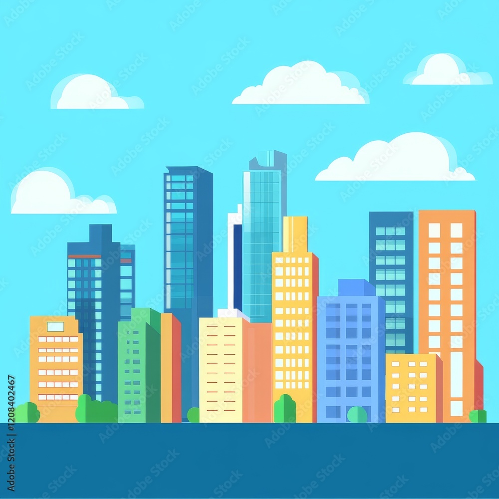 Illustration in Flat Style, City, Simple Lines and Shapes, Blue Sky, Simple, Colorful, Vector Art, Graphic Design, Simple Shapes, Natural Light, High Resolution, High Quality, High Detail, High Defini Illustration in Flat Style, City, Simple Lines and Shapes, Blue Sky, Simple, Colorful, Vector Art, Graphic Design, Simple Shapes, Natural Light, High Resolution, High Quality, High Detail, High Defini