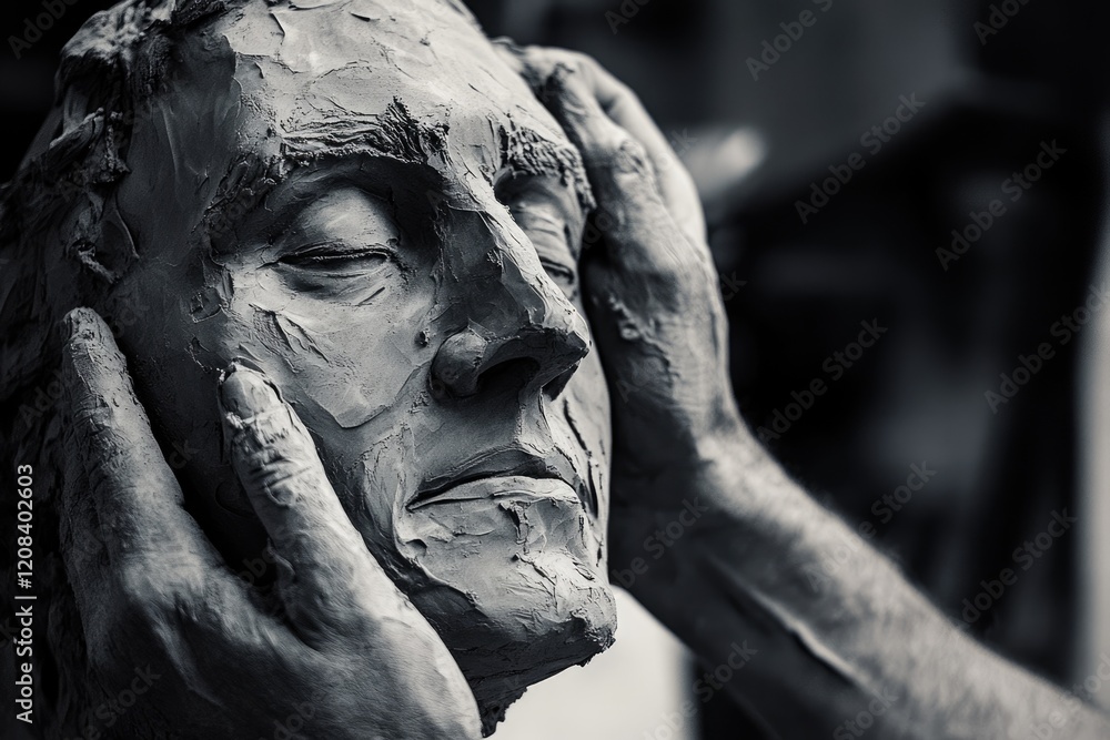 A sculptor's hands carefully mold a clay bust, capturing the emotion and texture of a human face. A sculptor's hands carefully mold a clay bust, capturing the emotion and texture of a human face.