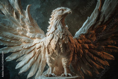 The immortal bird Phoenix is ​​a mythological symbol of rebirth, hope and the eternal cycle of life. Marble statue. Ancient Greek and Roman mythology. Horizontal image. photo