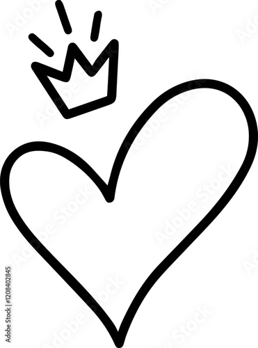 Simple, charming line art depicts a heart wearing a crown, symbolizing the reign of love, perfect for Valentine s Day, anniversaries, or any celebration of affection and commitment