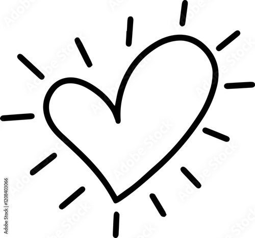 Black and white illustration featuring a heart shape radiating lines, capturing themes of love, affection, care, and positive energy in a simple, elegant design