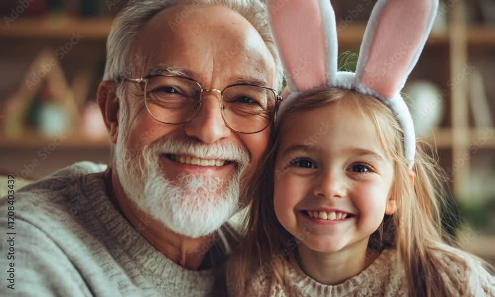 Happy, laughing grandfather and granddaughter with bunny ears hugging happily while sitting in a chair against the backdrop of a home living room on Easter day. Happy, laughing grandfather and granddaughter with bunny ears hugging happily while sitting in a chair against the backdrop of a home living room on Easter day.