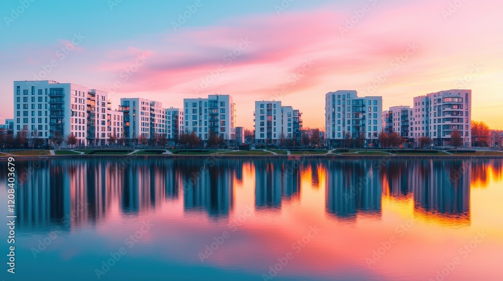 Obraz premium A serene lakeside view of modern buildings reflecting on water under a colorful sunset sky.