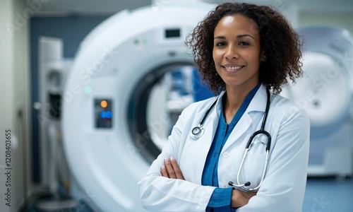 Confident Afro-Amacan middle-aged female doctor standing in front of MRI machine in white coat. Female doctor radiologist looking at camera standing in front of tomograph photo