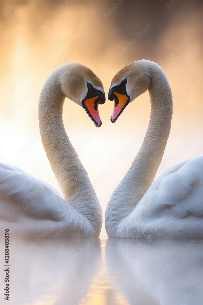 Fototapeta premium Two white swans forming a heart shape with their necks in a serene environment