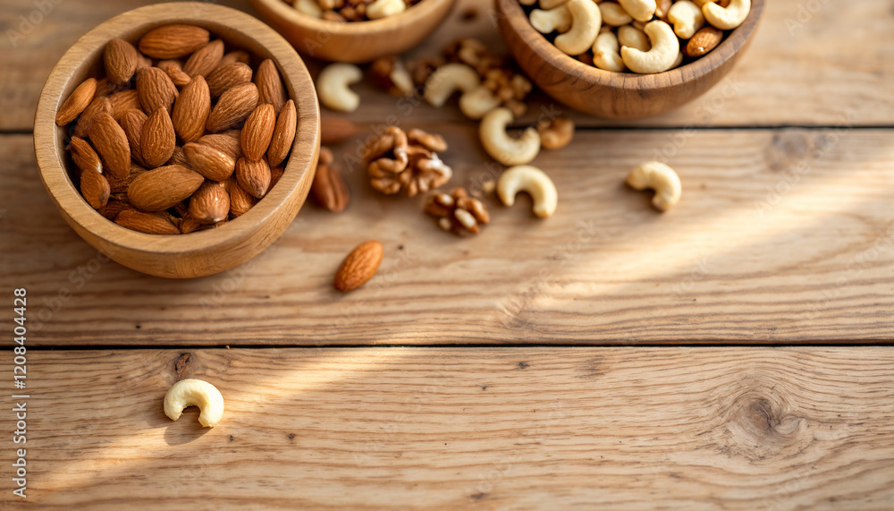 Wooden Bowls with Almonds, Walnuts, and Pecans on White Marble Surface: Healthy Nuts for Snacking or Cooking Wooden Bowls with Almonds, Walnuts, and Pecans on White Marble Surface: Healthy Nuts for Snacking or Cooking