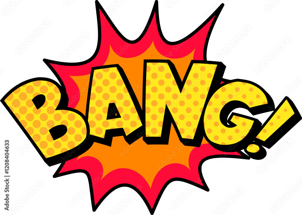 Fototapeta premium Vibrant yellow bang explosion text bursting with halftone dots emerges from a striking red and orange starburst, outlined in black, set against a clean white background