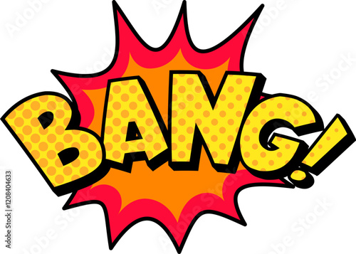 Vibrant yellow bang explosion text bursting with halftone dots emerges from a striking red and orange starburst, outlined in black, set against a clean white background