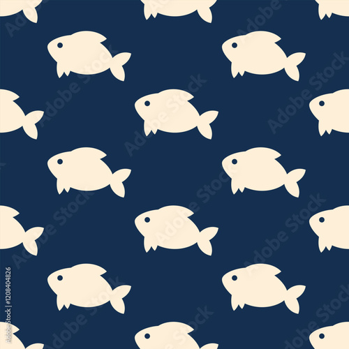 Fishes simple vector seamless pattern. Ivory minimalist stylized drawings on dark blue background.