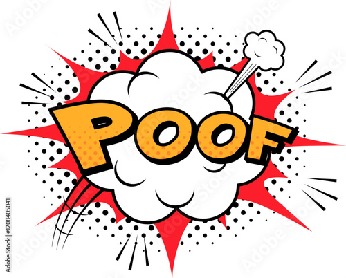 Comic sound effect poof featuring an explosion, swirling smoke, and halftone dots, enhancing comic strips, print materials, and web design projects with a playful vibe