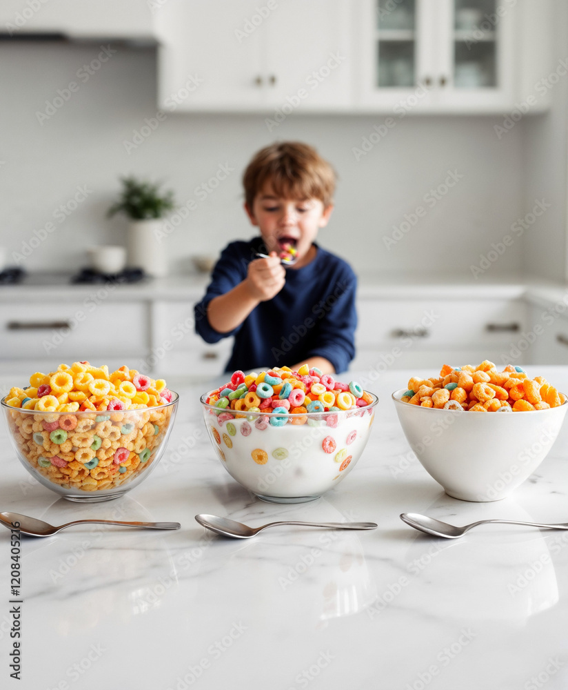 Unhealthy Breakfast Culture - Colorful, Sugar-Filled Cereal Bowls Representing the Growing American Health Crisis Unhealthy Breakfast Culture - Colorful, Sugar-Filled Cereal Bowls Representing the Growing American Health Crisis