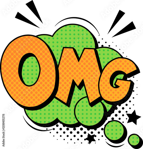 Colorful pop art expression bursting from a vibrant green cloud, featuring halftone dots and stars, vividly capturing feelings of surprise and excitement in a playful, comic style