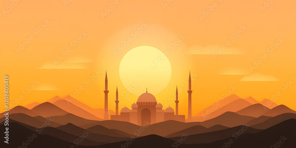 Obraz premium Sunset over a mosque in a mountainous landscape. Warm, peaceful tones dominate the scene, creating a serene and spiritual atmosphere.