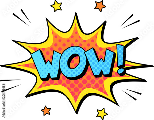 Bright, colorful cartoon explosion bursting with stars and halftone dots, expressing surprise and great amazement in a fun, comic book style, creating a vibrant design element