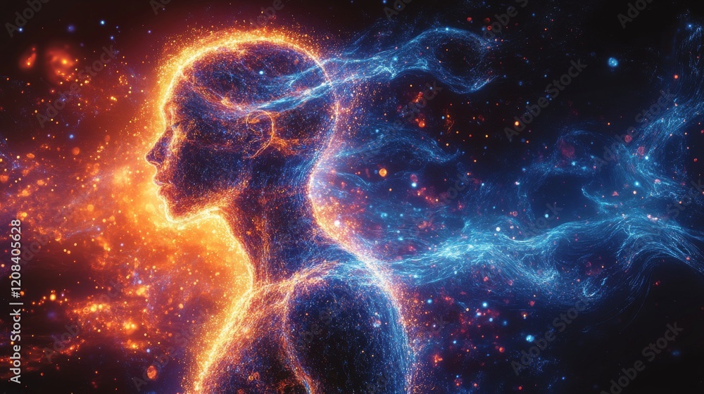 A human figure emerges from vibrant swirling patterns of light and energy in an ethereal setting A human figure emerges from vibrant swirling patterns of light and energy in an ethereal setting