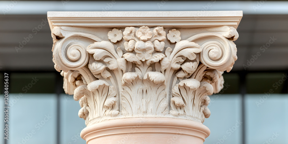 Naklejka premium Intricate details of a classical column capital, showcasing ornate carvings and swirling volutes. A testament to architectural artistry.