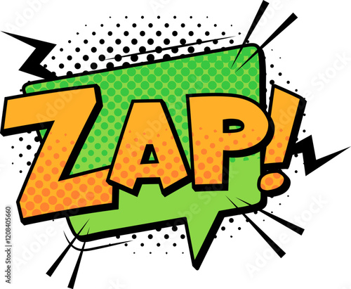 Featuring a vibrant green and orange zap expression in comic style, enhanced with halftone dots and dynamic lightning bolts, conveying sudden action and surprise
