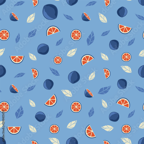 Stylized seamless pattern of orange slices, whole plums and decorative white leaves on a blue background. Vector illustration in flat style for wallpaper, textile and print design.