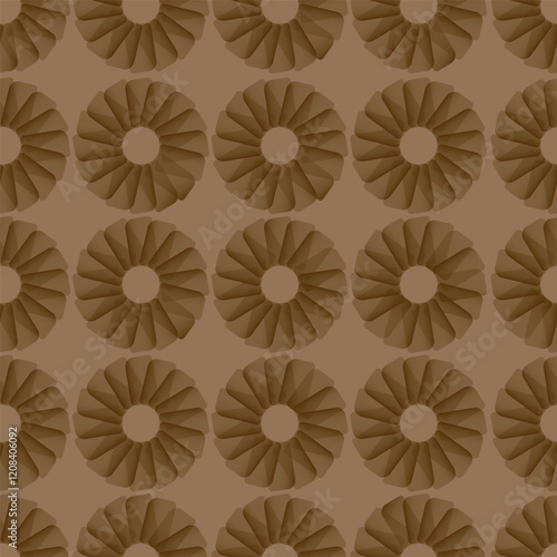 Seamless pattern of circular floral shapes with layered petal-like design in a monochromatic brown palette. Abstract vector illustration for wallpaper, textile, and print design