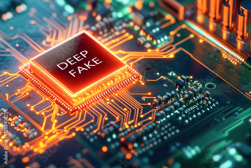 Highly advanced computing chip labeled DEEP FAKE wired into an elaborate computer motherboard, AI artificial intelligence misinformation concept 