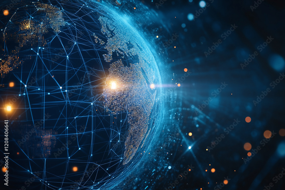 Futuristic Global Network with Digital Connections and Glowing Data Points in a Tech-Inspired Abstract Earth Design Futuristic Global Network with Digital Connections and Glowing Data Points in a Tech-Inspired Abstract Earth Design
