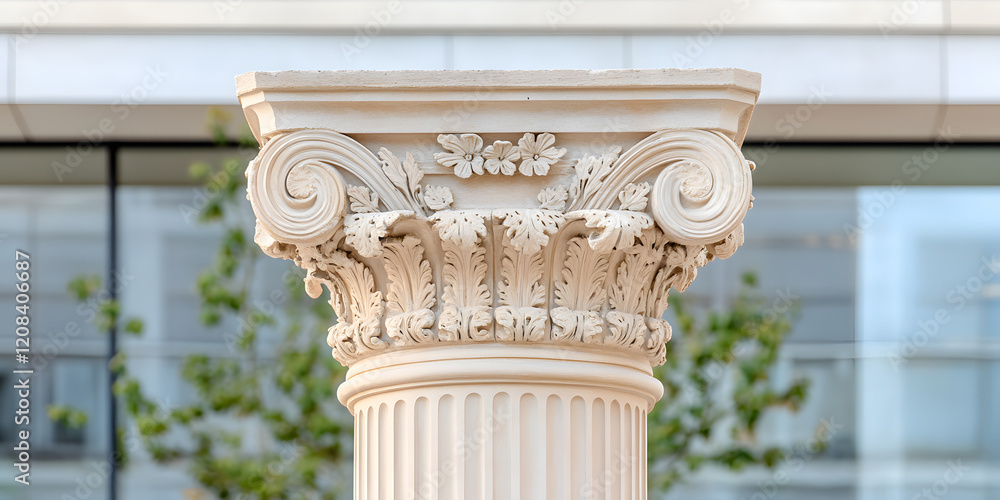 Obraz premium Ornate column capital detail against a modern building backdrop. Classical architecture meets contemporary design.