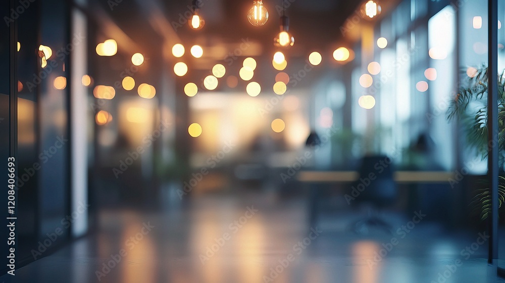 Blurred Bokeh Background of Modern Office with Decorative Lights Blurred Bokeh Background of Modern Office with Decorative Lights
