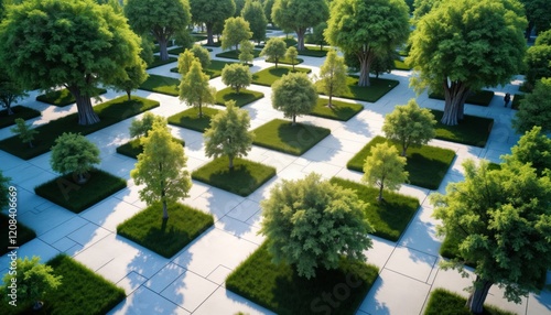 Modern park design with square planters and various trees. Green grass fills planters. Light catches light gray pavement. Urban park layout shows thoughtful landscaping. Sunny day in urban area. photo