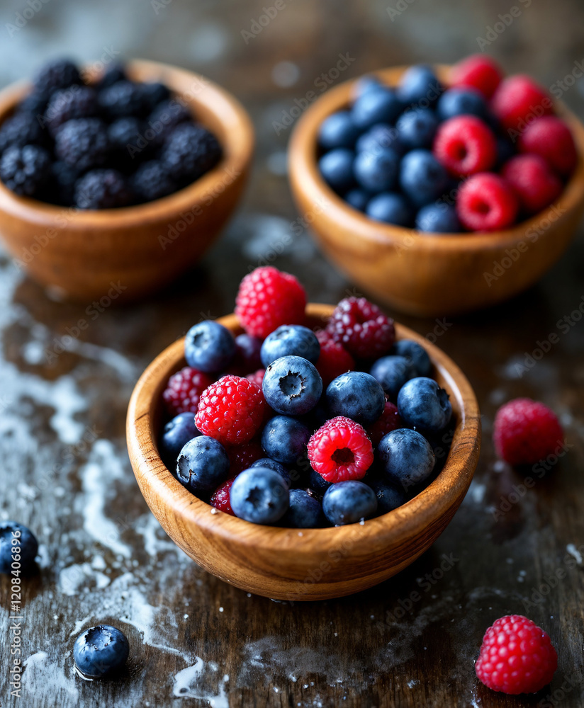 Freshly Washed Organic Juicy Blackberries, Blueberries, and Raspberries in Wooden Bowls: Clean and Refreshing Superfoods for Healthy Living