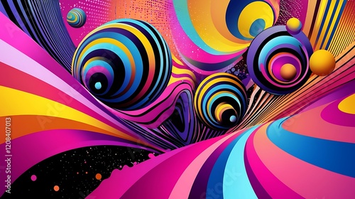 Vibrant cosmic harmony, dynamic planets in elliptical motion, showcasing pop art aesthetics with bold colors and sleek vector designs.